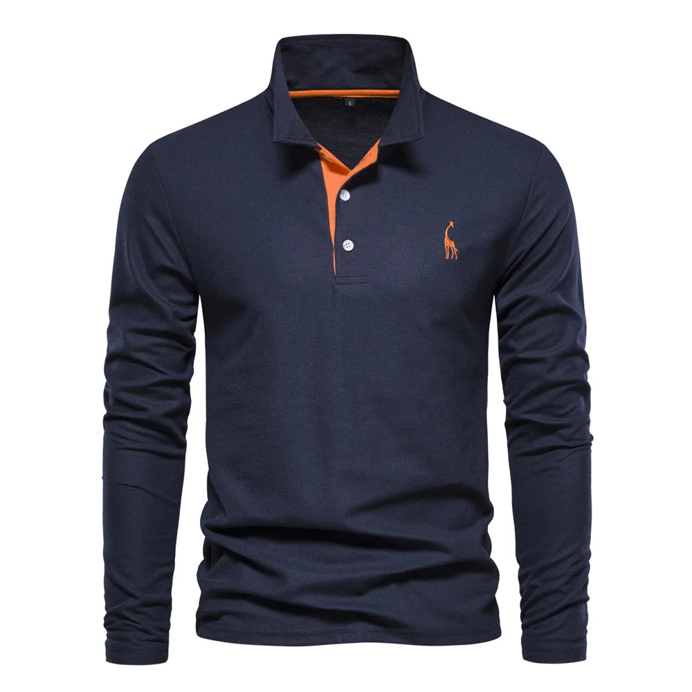 "Polo homme élégant à manches longues, couleur unie, douce et respirante, avec broderie discrète de cerf pour un style raffin