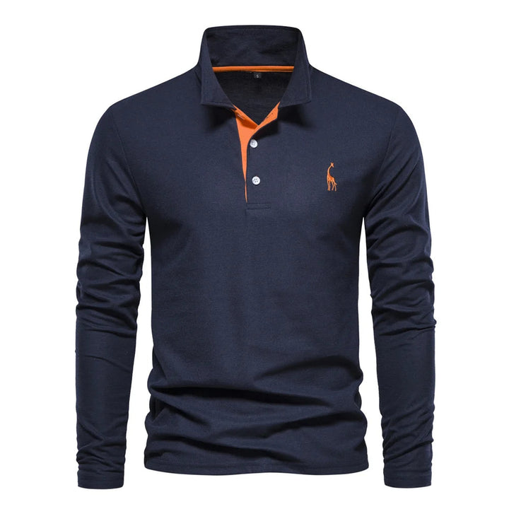 "Polo homme élégant à manches longues, couleur unie, douce et respirante, avec broderie discrète de cerf pour un style raffin