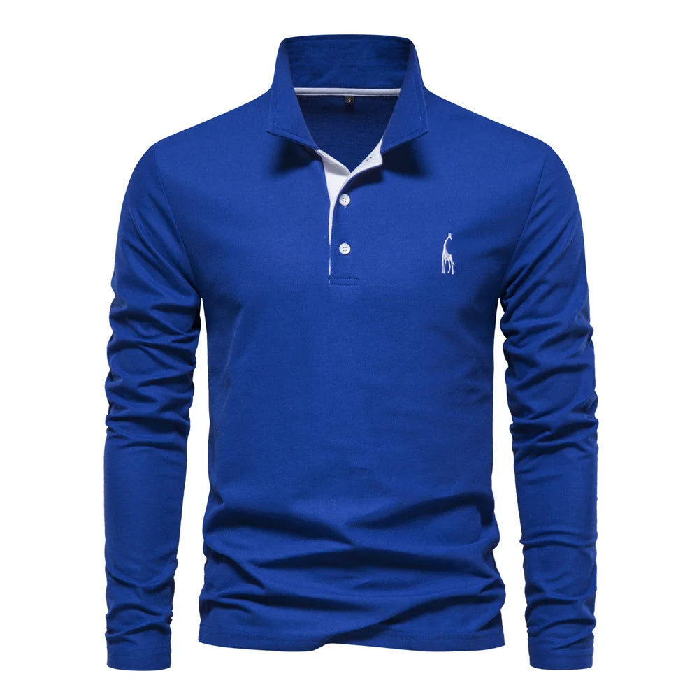 "Polo homme élégant à manches longues, couleur unie, douce et respirante, avec broderie discrète de cerf pour un style raffin