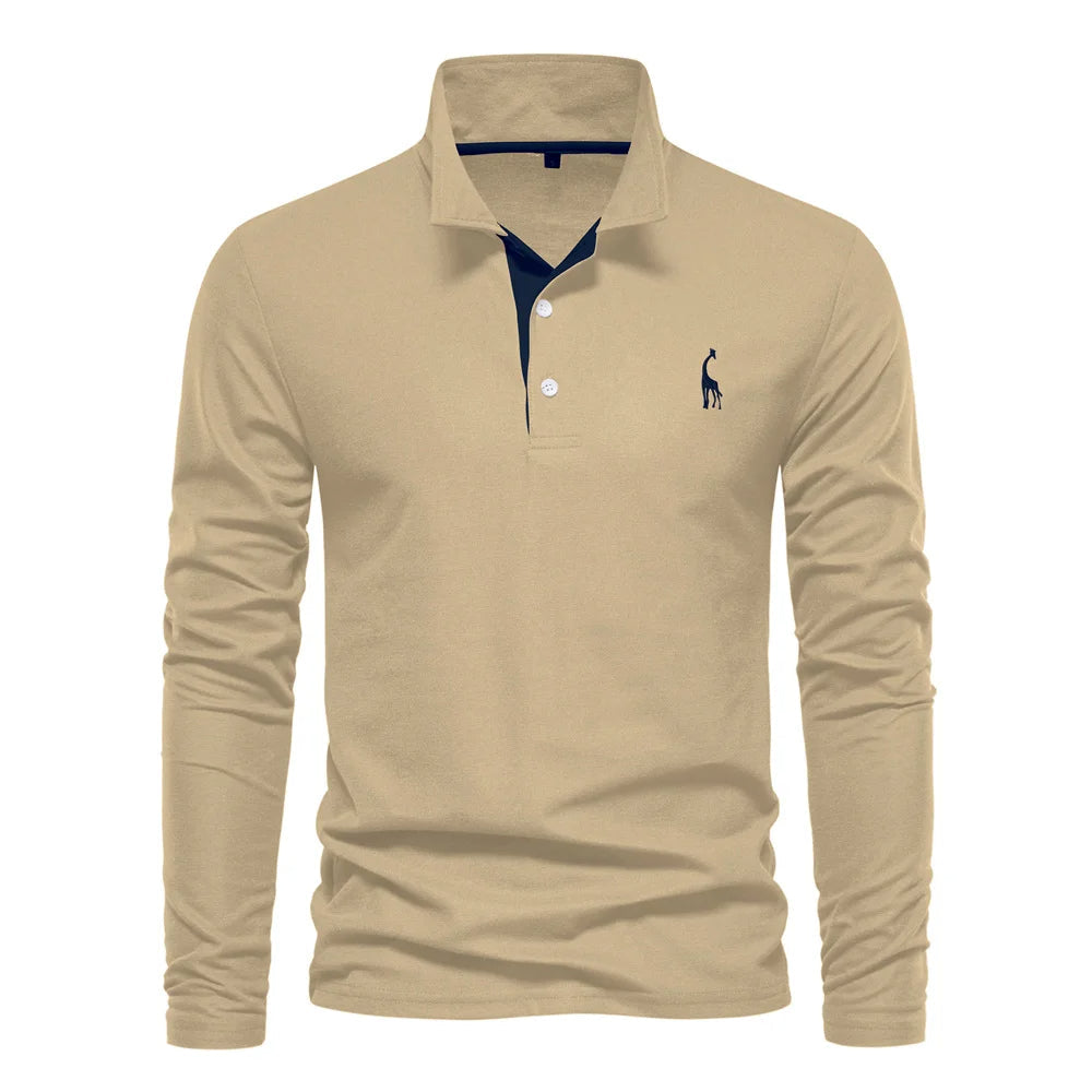 "Polo homme élégant à manches longues, couleur unie, douce et respirante, avec broderie discrète de cerf pour un style raffin