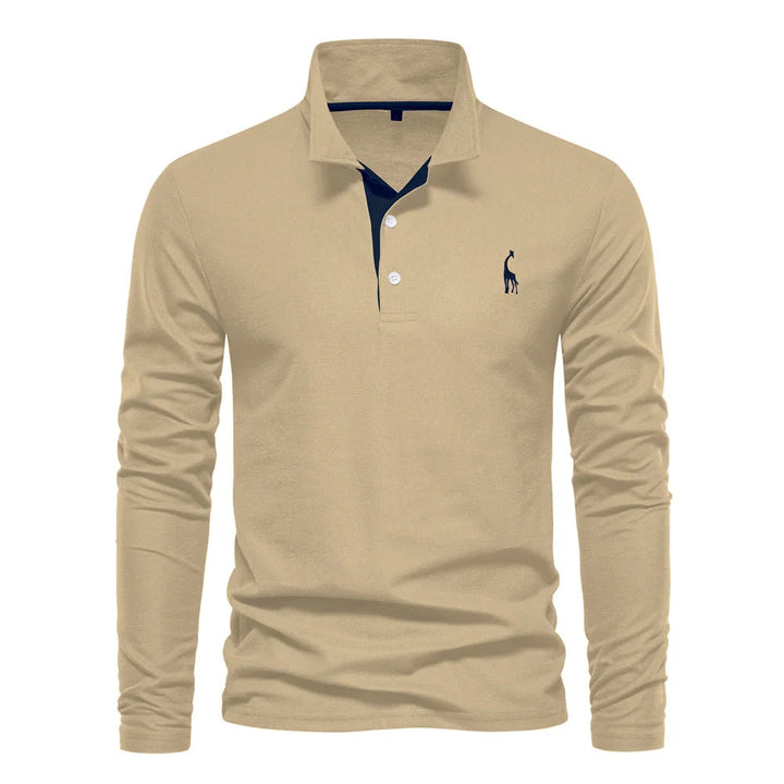 "Polo homme élégant à manches longues, couleur unie, douce et respirante, avec broderie discrète de cerf pour un style raffin