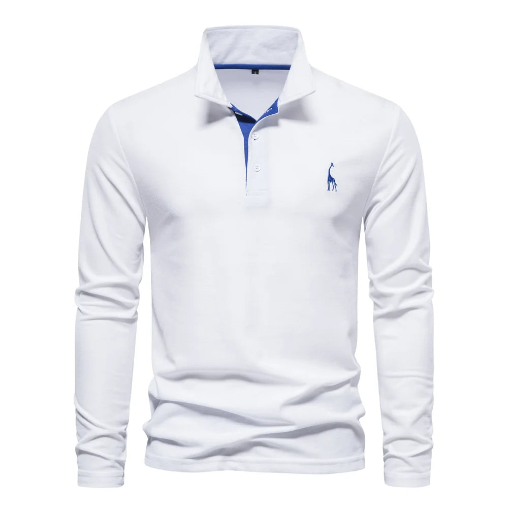 "Polo homme élégant à manches longues, couleur unie, douce et respirante, avec broderie discrète de cerf pour un style raffin