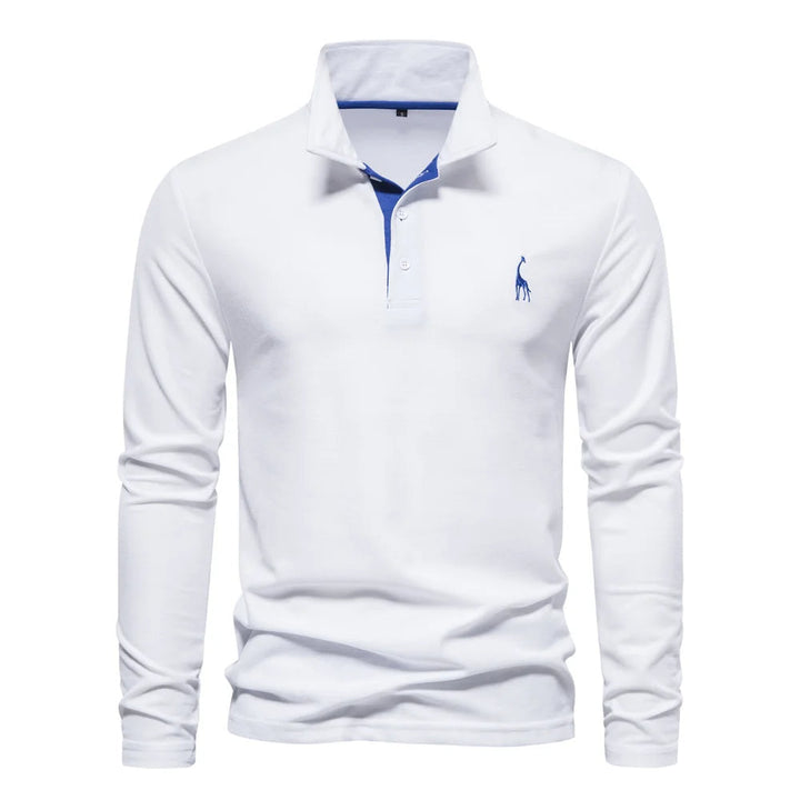 "Polo homme élégant à manches longues, couleur unie, douce et respirante, avec broderie discrète de cerf pour un style raffin