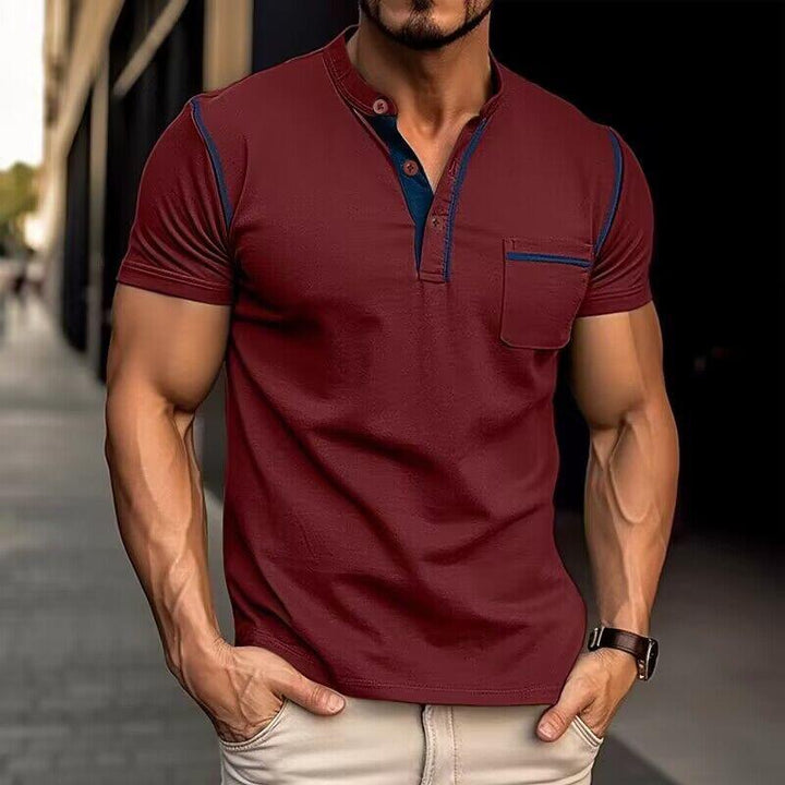 "Polo homme en coton ultra-marin, col Henley, design moderne, taille extra grande, style élégant et décontracté."