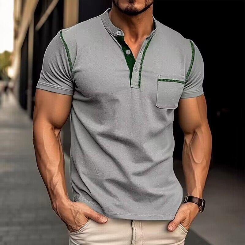 "Polo homme en coton ultra-marin, col Henley, design moderne, taille extra grande, style élégant et décontracté."