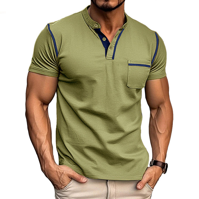 "Polo homme en coton ultra-marin, col Henley, design moderne, taille extra grande, style élégant et décontracté."