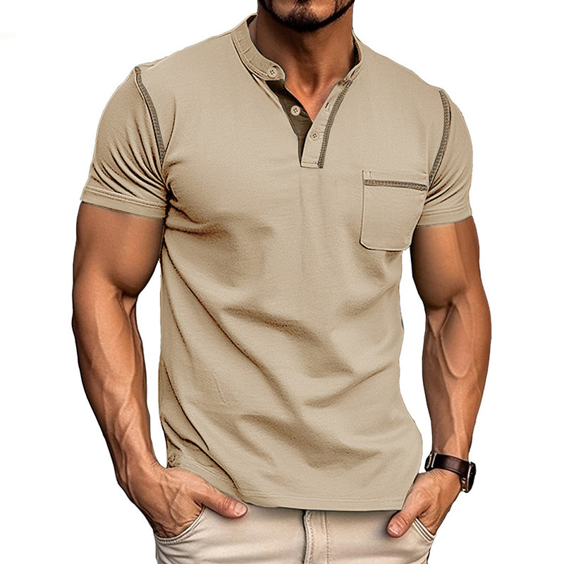 "Polo homme en coton ultra-marin, col Henley, design moderne, taille extra grande, style élégant et décontracté."