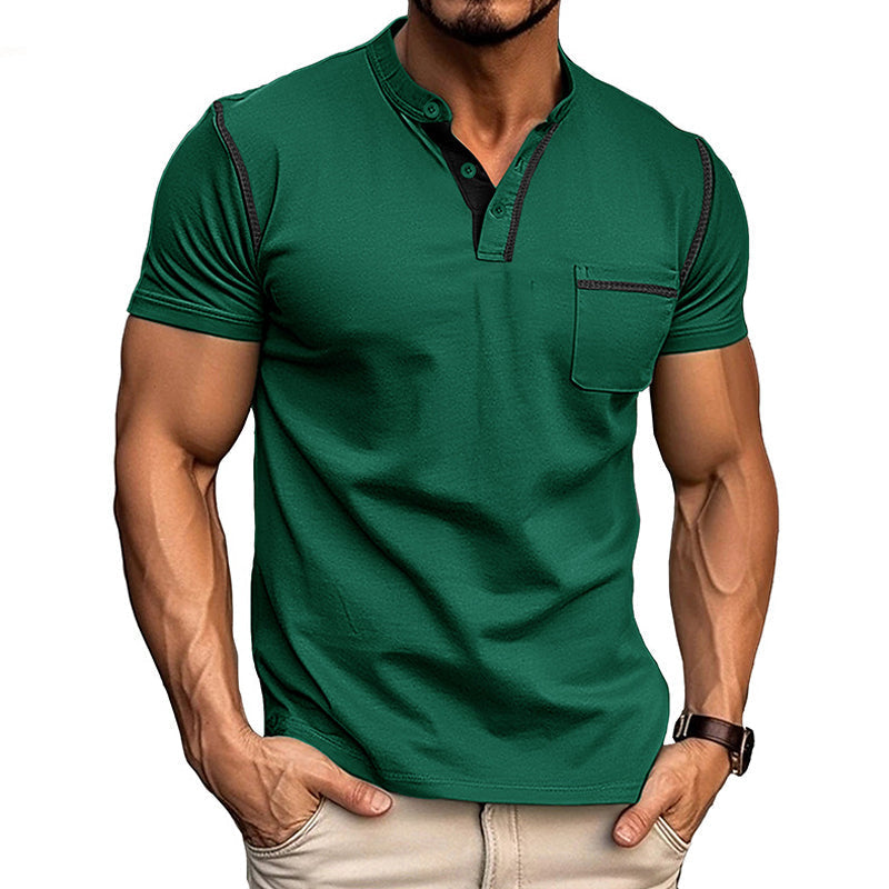 "Polo homme en coton ultra-marin, col Henley, design moderne, taille extra grande, style élégant et décontracté."