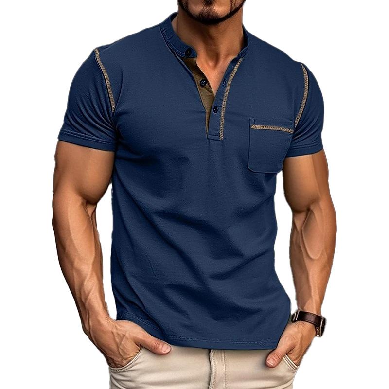 "Polo homme en coton ultra-marin, col Henley, design moderne, taille extra grande, style élégant et décontracté."