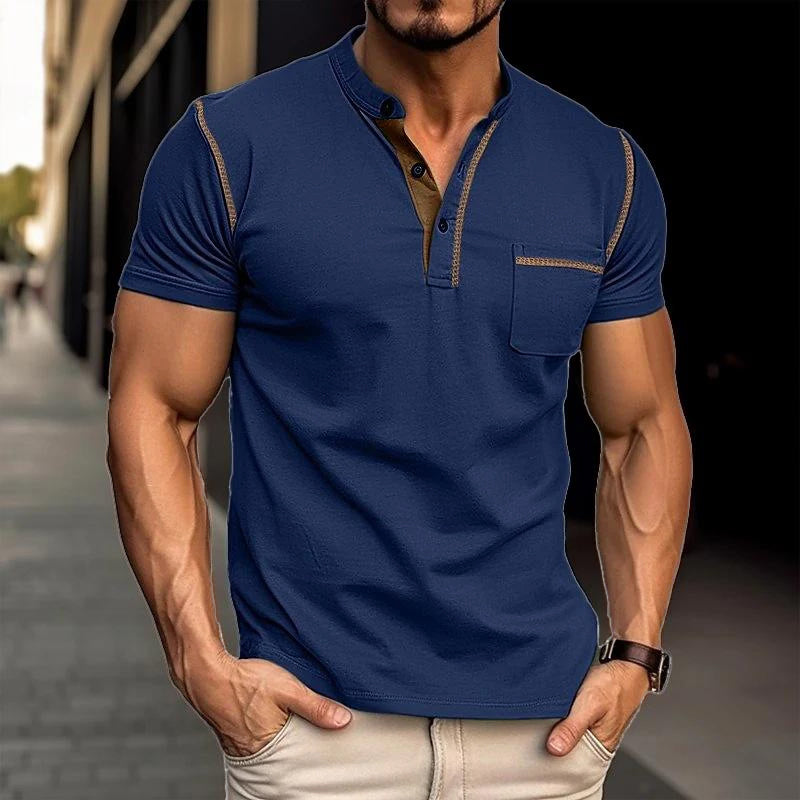 "Polo homme en coton ultra-marin, col Henley, design moderne, taille extra grande, style élégant et décontracté."