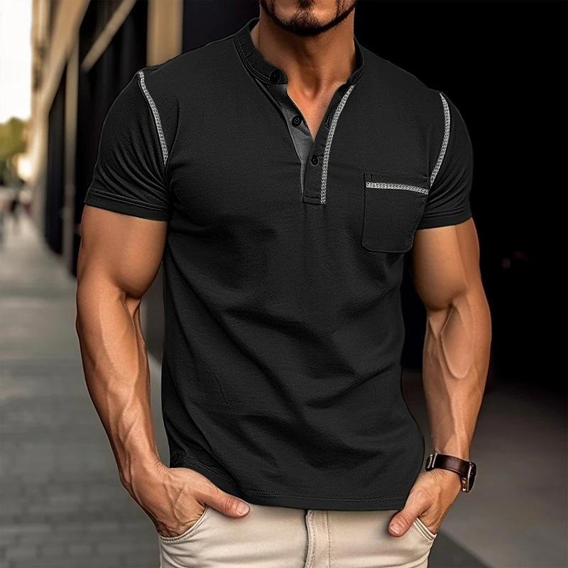 "Polo homme en coton ultra-marin, col Henley, design moderne, taille extra grande, style élégant et décontracté."