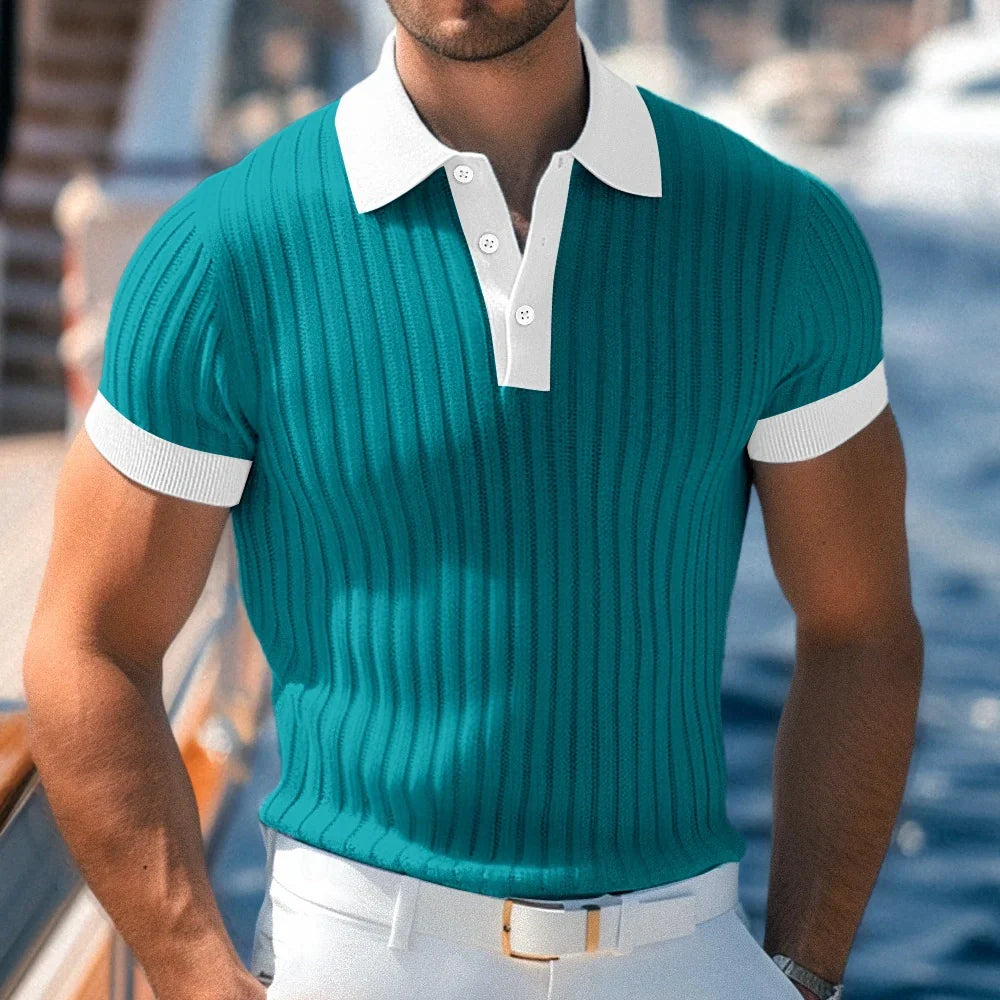 "Polo homme été vue face, tissu léger respirant, coupe confortable, style sobre pour look décontracté élégant."