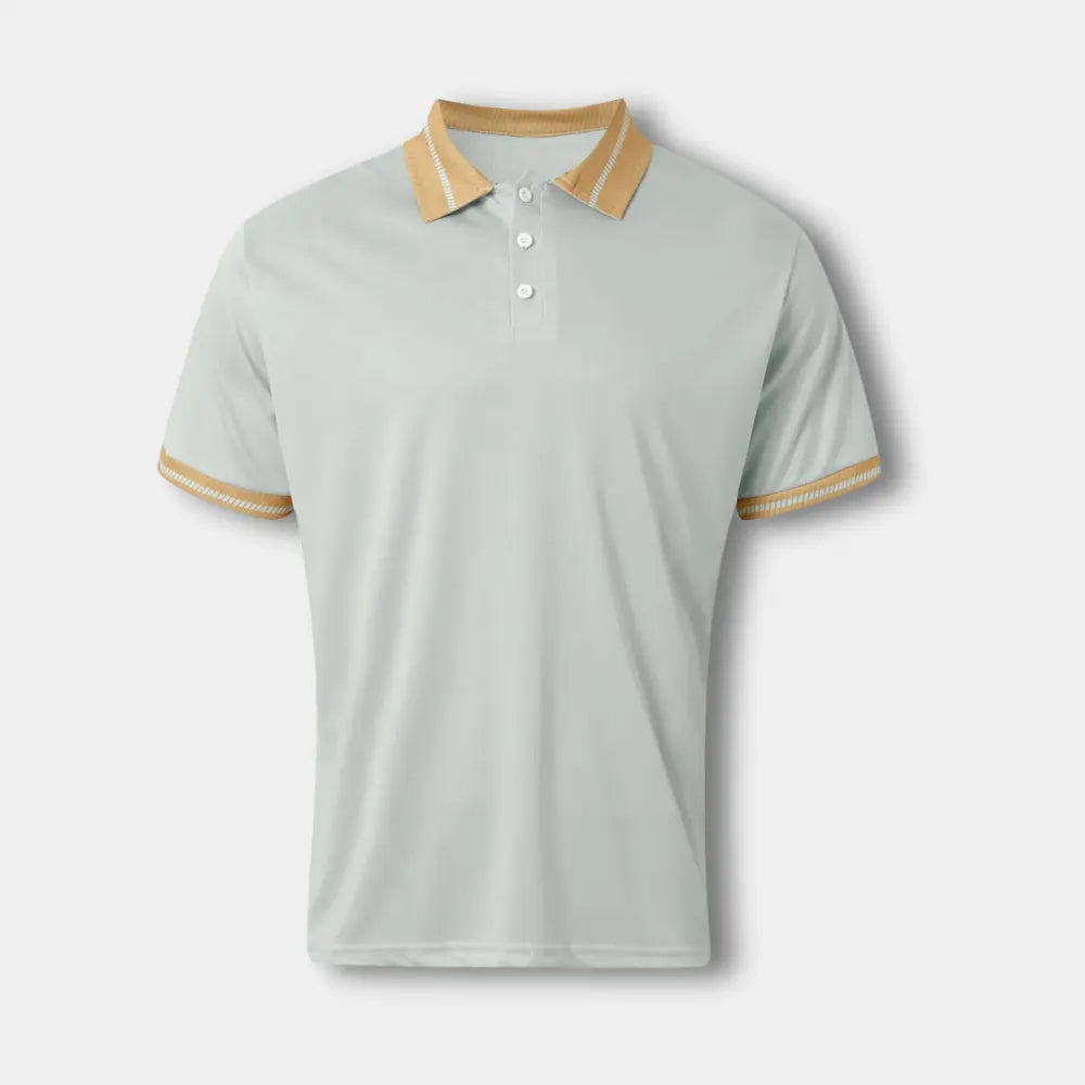 "Polo homme manches courtes col contrasté, design élégant, idéal pour un style casual chic estival."