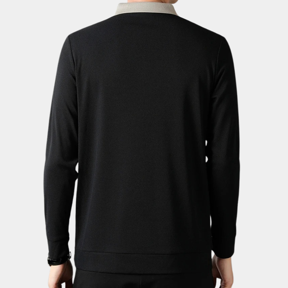 Polo homme manches longues décontracté, couleur noire, en tissu respirant, idéal pour un style casual chic.