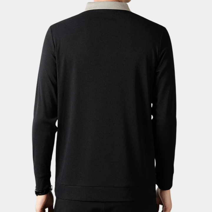 Polo homme manches longues décontracté, couleur noire, en tissu respirant, idéal pour un style casual chic.