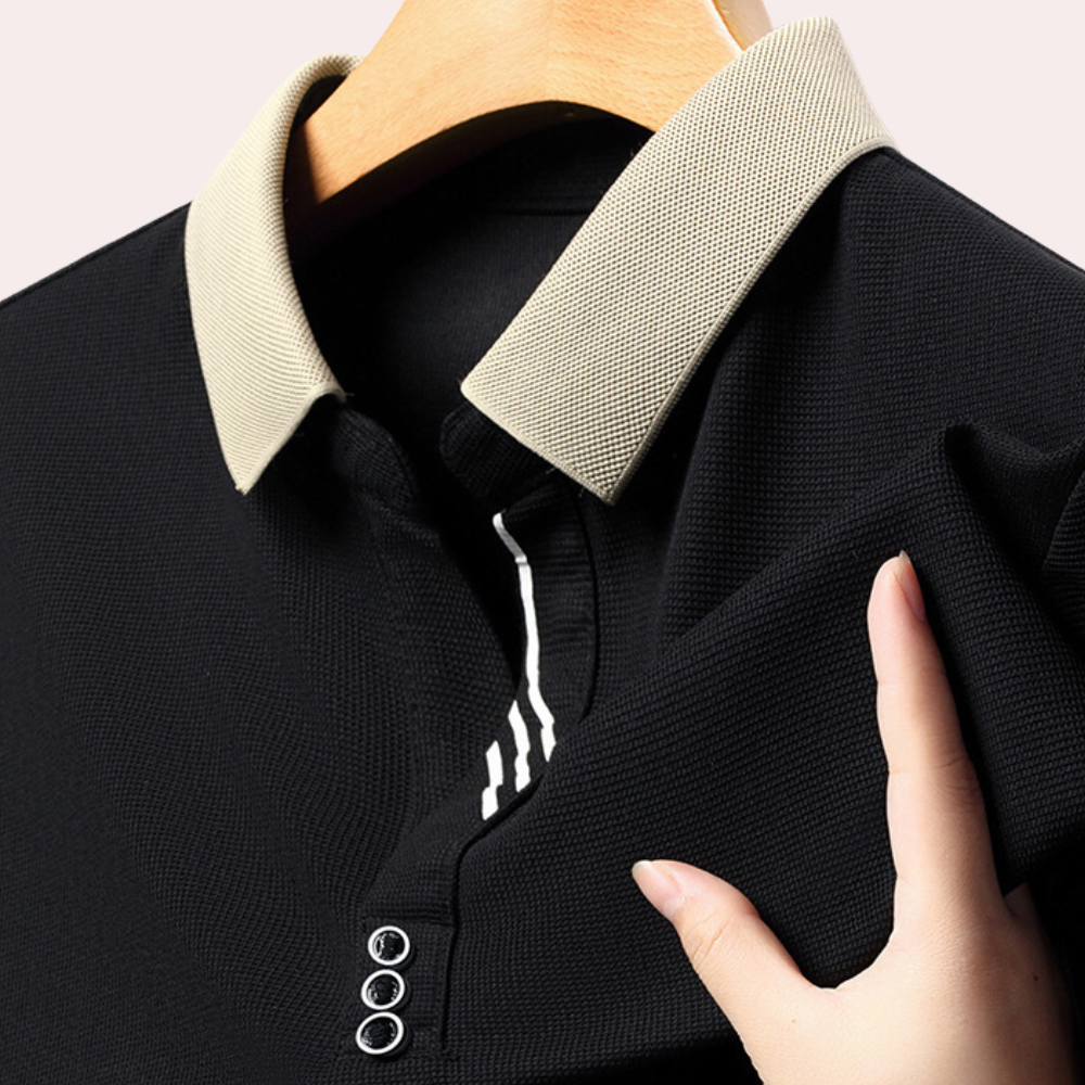 Polo homme manches longues décontracté, couleur noire, en tissu respirant, idéal pour un style casual chic.