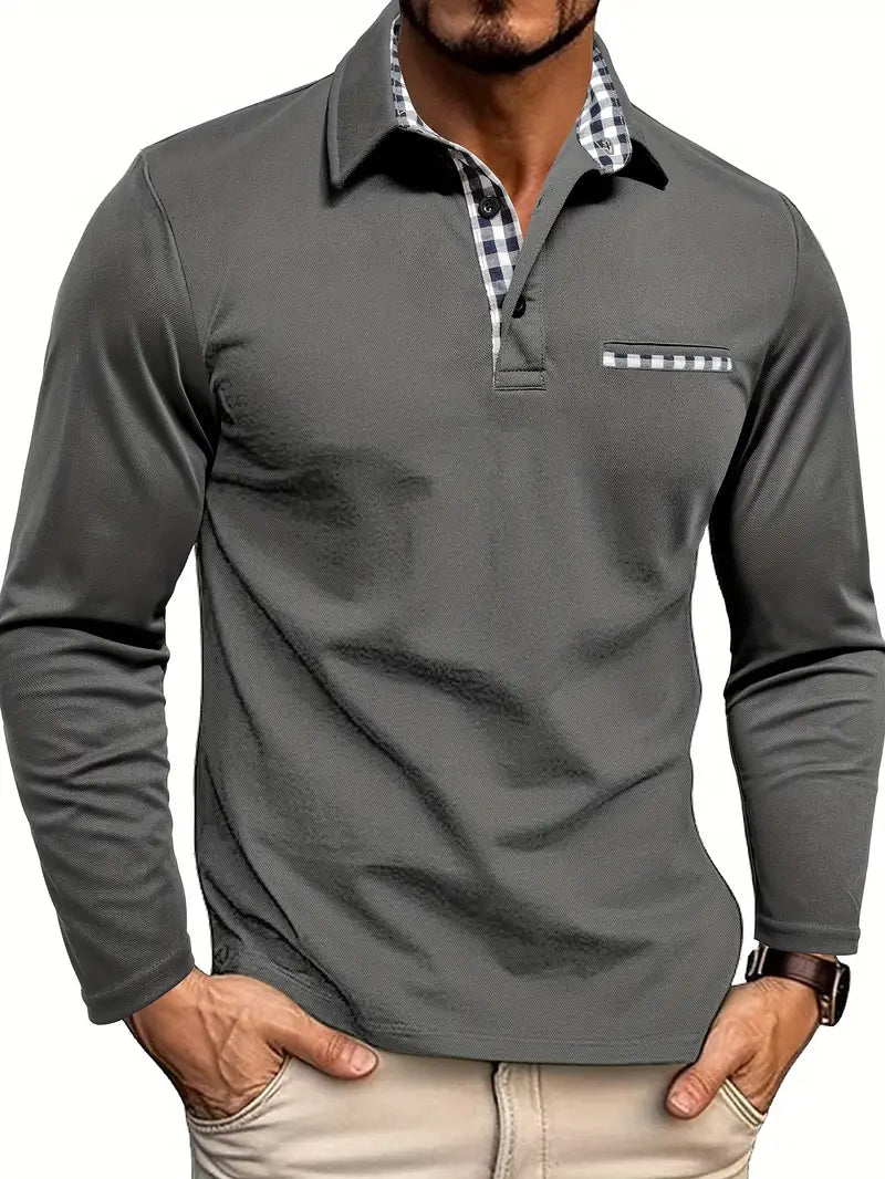 "Polo homme manches longues élégant respirant, bleu clair, tissu léger et raffiné, parfait pour l'été, protection solaire."