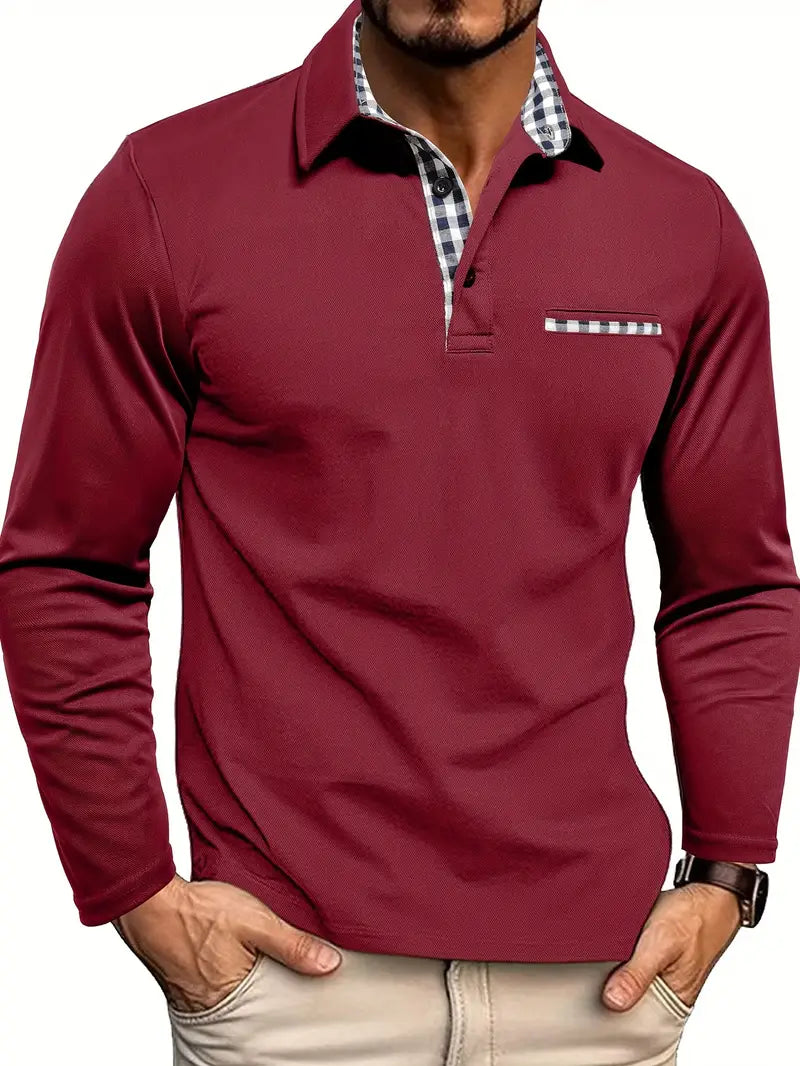 "Polo homme manches longues élégant respirant, bleu clair, tissu léger et raffiné, parfait pour l'été, protection solaire."
