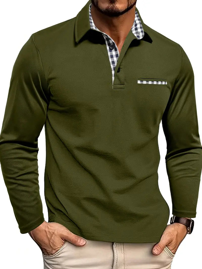 "Polo homme manches longues élégant respirant, bleu clair, tissu léger et raffiné, parfait pour l'été, protection solaire."