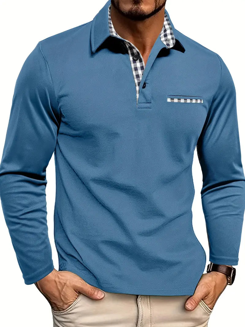 "Polo homme manches longues élégant respirant, bleu clair, tissu léger et raffiné, parfait pour l'été, protection solaire."