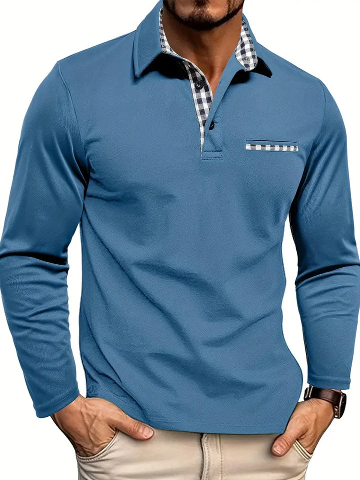 "Polo homme manches longues élégant respirant, bleu clair, tissu léger et raffiné, parfait pour l'été, protection solaire."
