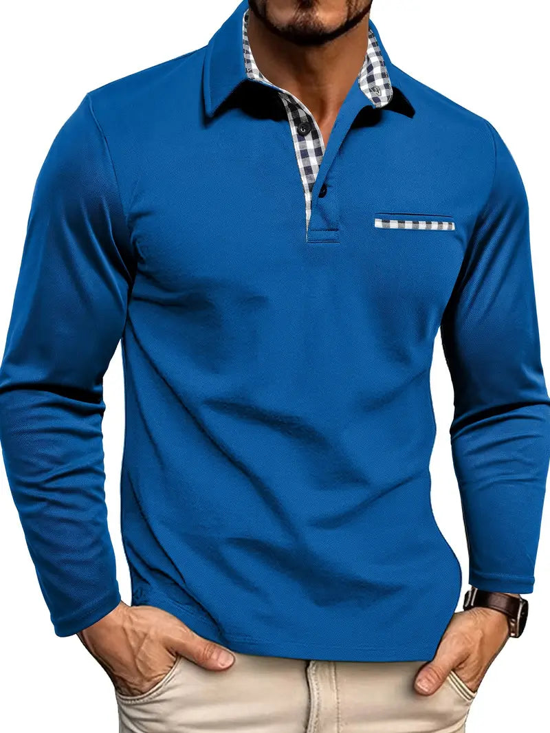 "Polo homme manches longues élégant respirant, bleu clair, tissu léger et raffiné, parfait pour l'été, protection solaire."