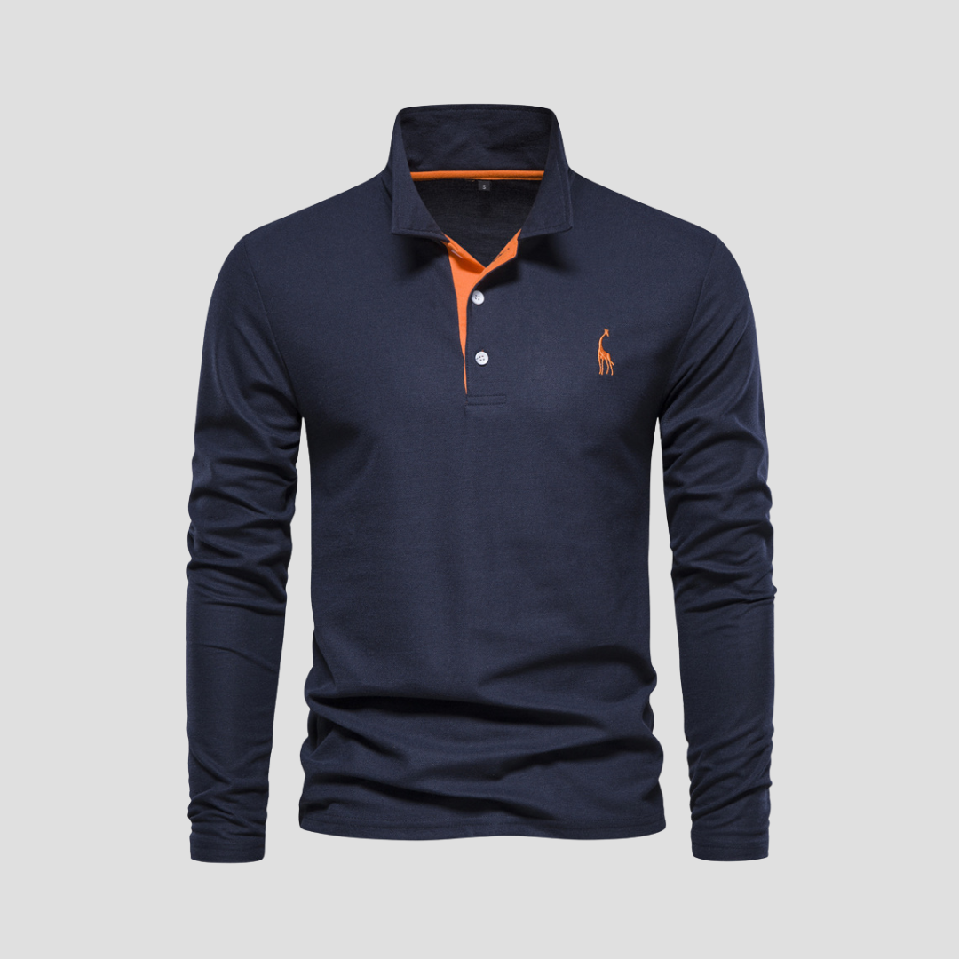 "Polo homme manches longues noir en coton, avec col raffiné et coupe fluide, alliant élégance et confort."