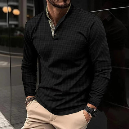 "Polo homme manches longues vert armée, élégant et confortable avec col coloré, idéal pour toutes occasions."