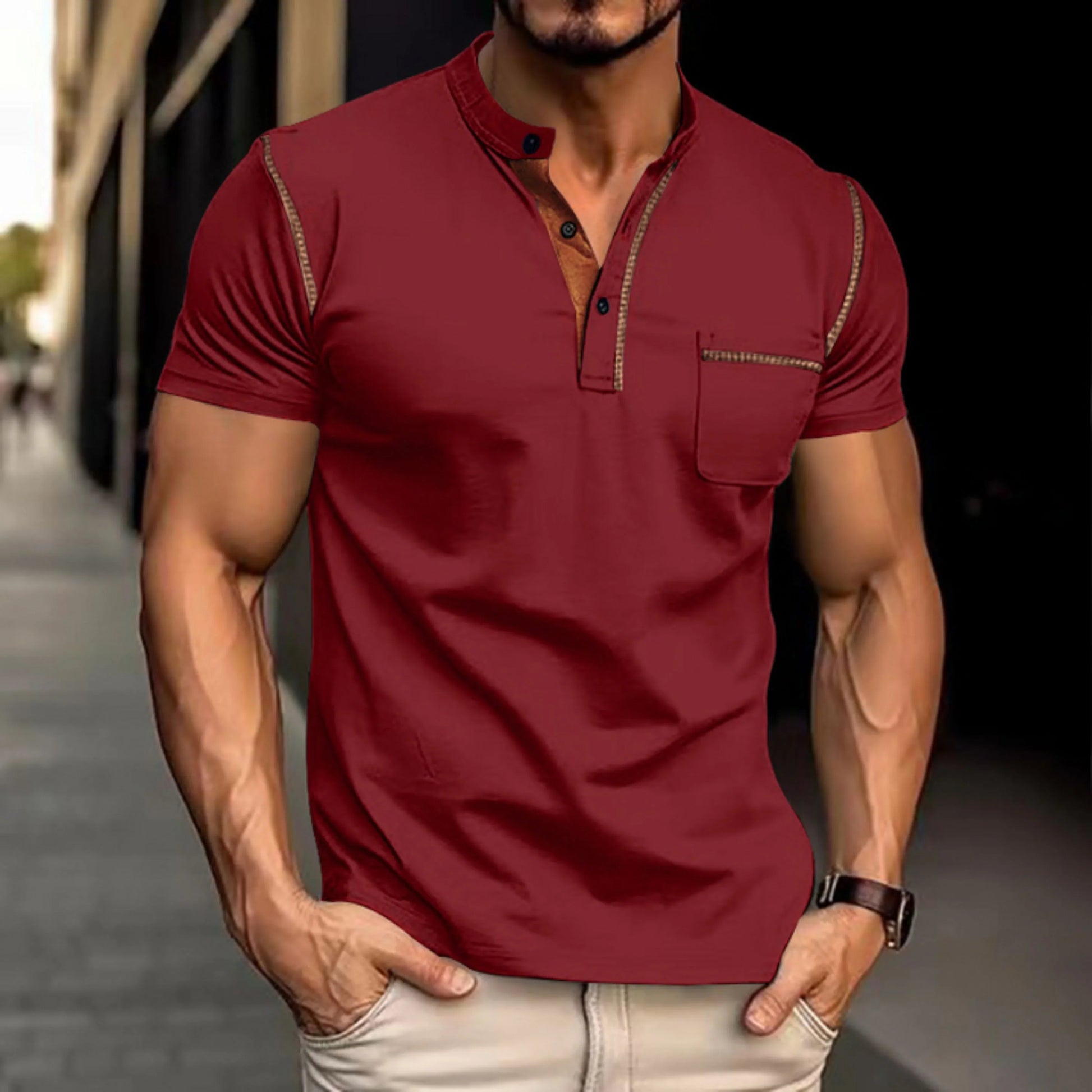 "Polo homme moderne bleu, design intemporel avec boutons, tissu confortable, parfait pour élégance décontractée au quotidien.