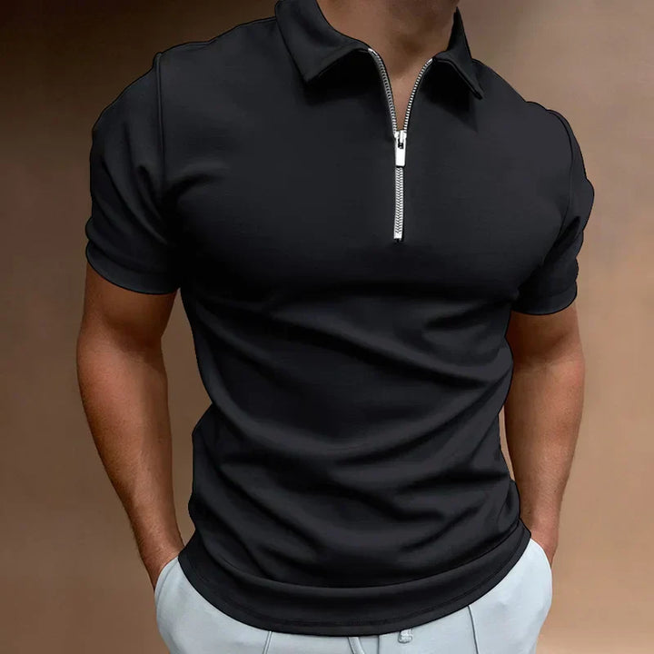 "Polo homme moderne, couleur vive, fermeture éclair, tissu lisse, manches courtes, style élégant et décontracté."