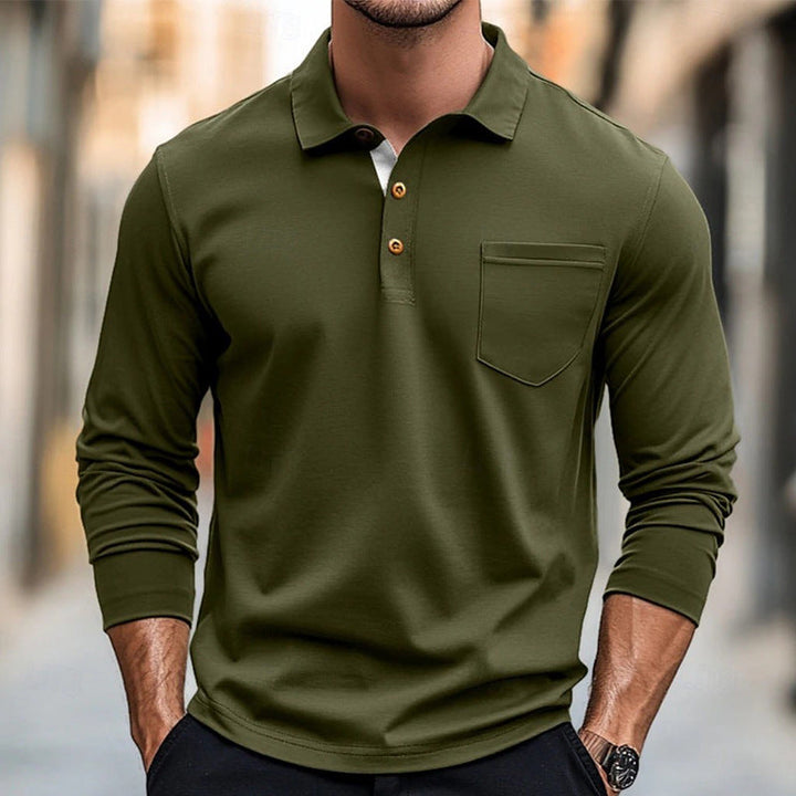 Polo homme slim fit, manches longues, coton doux, coupe ajustée, col classique, poche poitrine, idéal mi-saison.