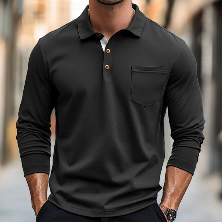 Polo homme slim fit, manches longues, coton doux, coupe ajustée, col classique, poche poitrine, idéal mi-saison.