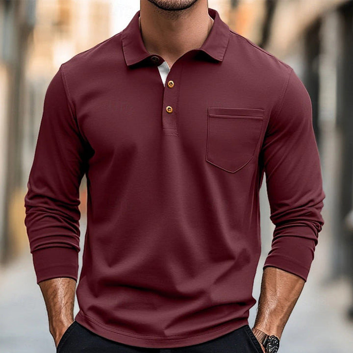 Polo homme slim fit, manches longues, coton doux, coupe ajustée, col classique, poche poitrine, idéal mi-saison.