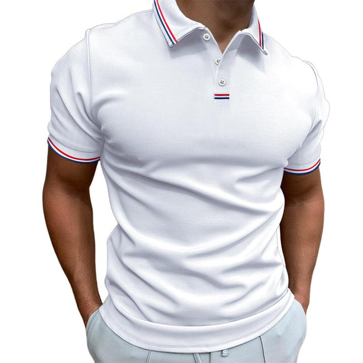 Polo homme uni manches courtes, col imprimé rayures, élégant et confortable, idéal pour un style soigné et décontracté.