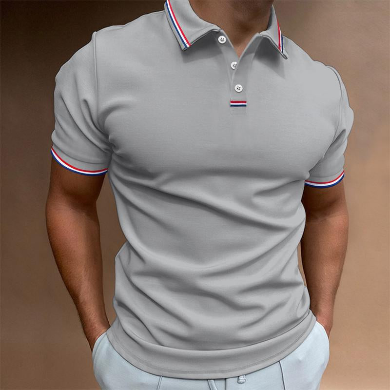 Polo homme uni manches courtes, col imprimé rayures, élégant et confortable, idéal pour un style soigné et décontracté.