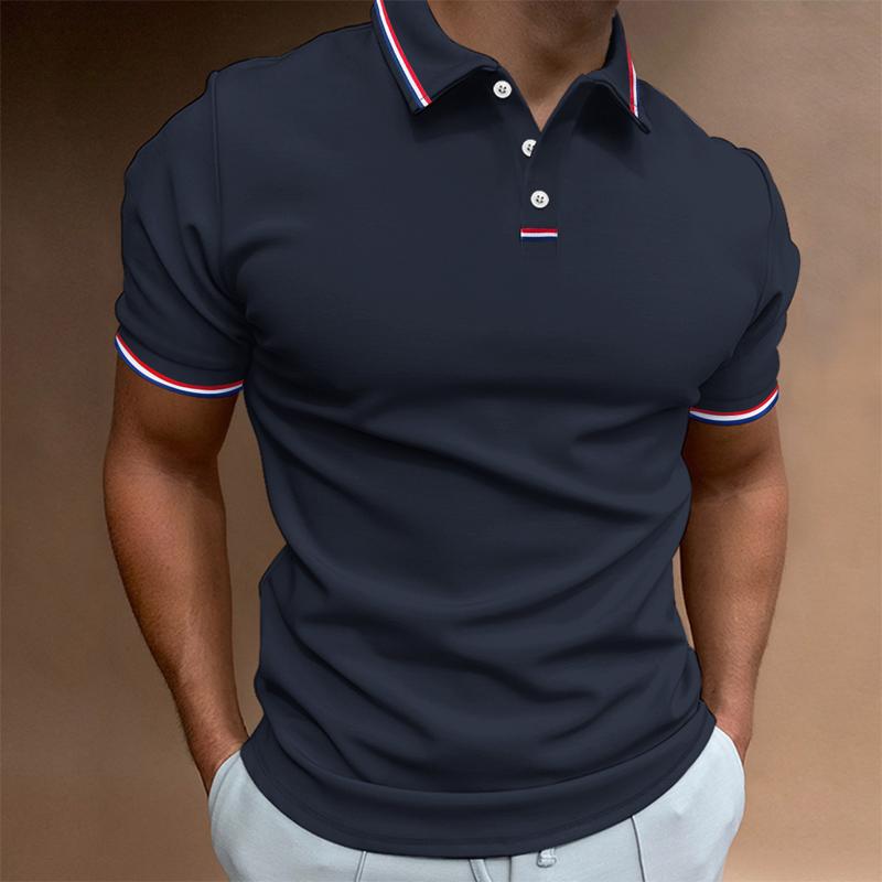 Polo homme uni manches courtes, col imprimé rayures, élégant et confortable, idéal pour un style soigné et décontracté.