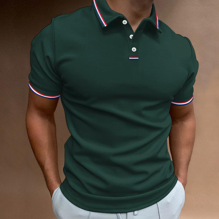 Polo homme uni manches courtes, col imprimé rayures, élégant et confortable, idéal pour un style soigné et décontracté.
