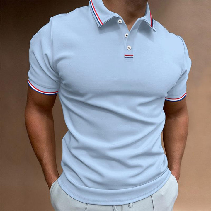 Polo homme uni manches courtes, col imprimé rayures, élégant et confortable, idéal pour un style soigné et décontracté.