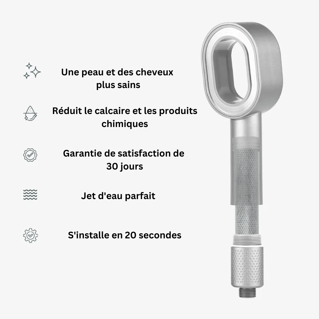 Pommeau de douche purifiant, design ergonomique, réduit calcaire et impuretés, pour une peau douce et revitalisée.