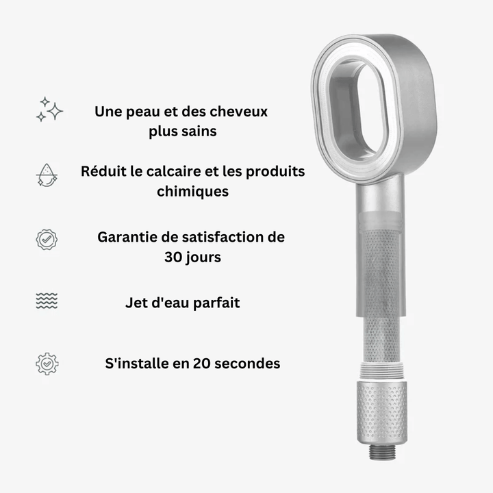 Pommeau de douche purifiant, design ergonomique, réduit calcaire et impuretés, pour une peau douce et revitalisée.