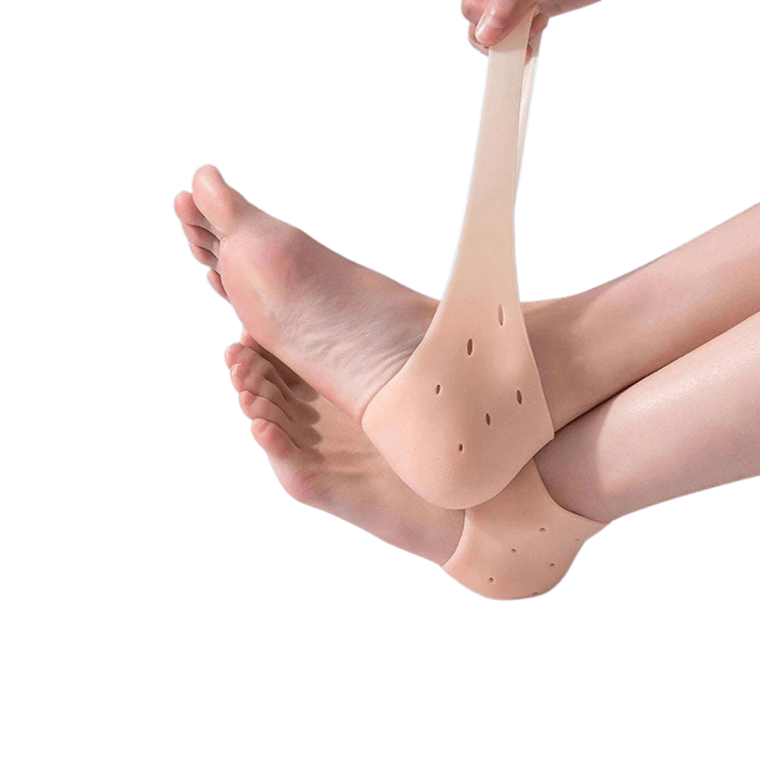 "Protège talon silicone transparent flexible, vue de dessus, accessoire confort pour femmes, adaptable à toutes chaussures"