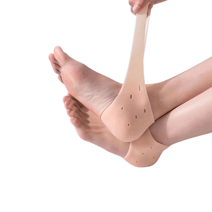 "Protège talon silicone transparent flexible, vue de dessus, accessoire confort pour femmes, adaptable à toutes chaussures"