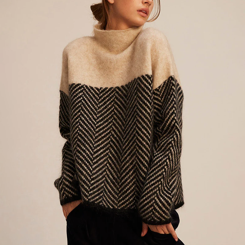 Pull à col roulé femme en cachemire, motif chevron, coupe ample, couleur douce, parfait pour l'hiver élégant et chaud.