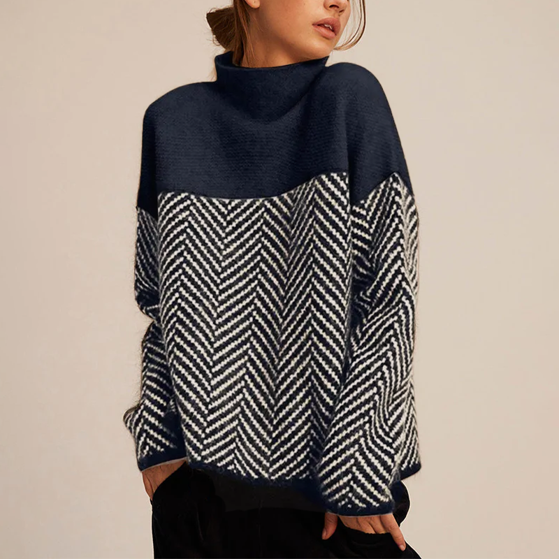 Pull à col roulé femme en cachemire, motif chevron, coupe ample, couleur douce, parfait pour l'hiver élégant et chaud.
