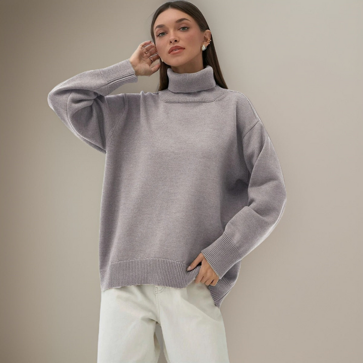 "Pull col roulé femme élégant pour hiver, design moderne, manches longues, tissu doux et respirant, look tendance."