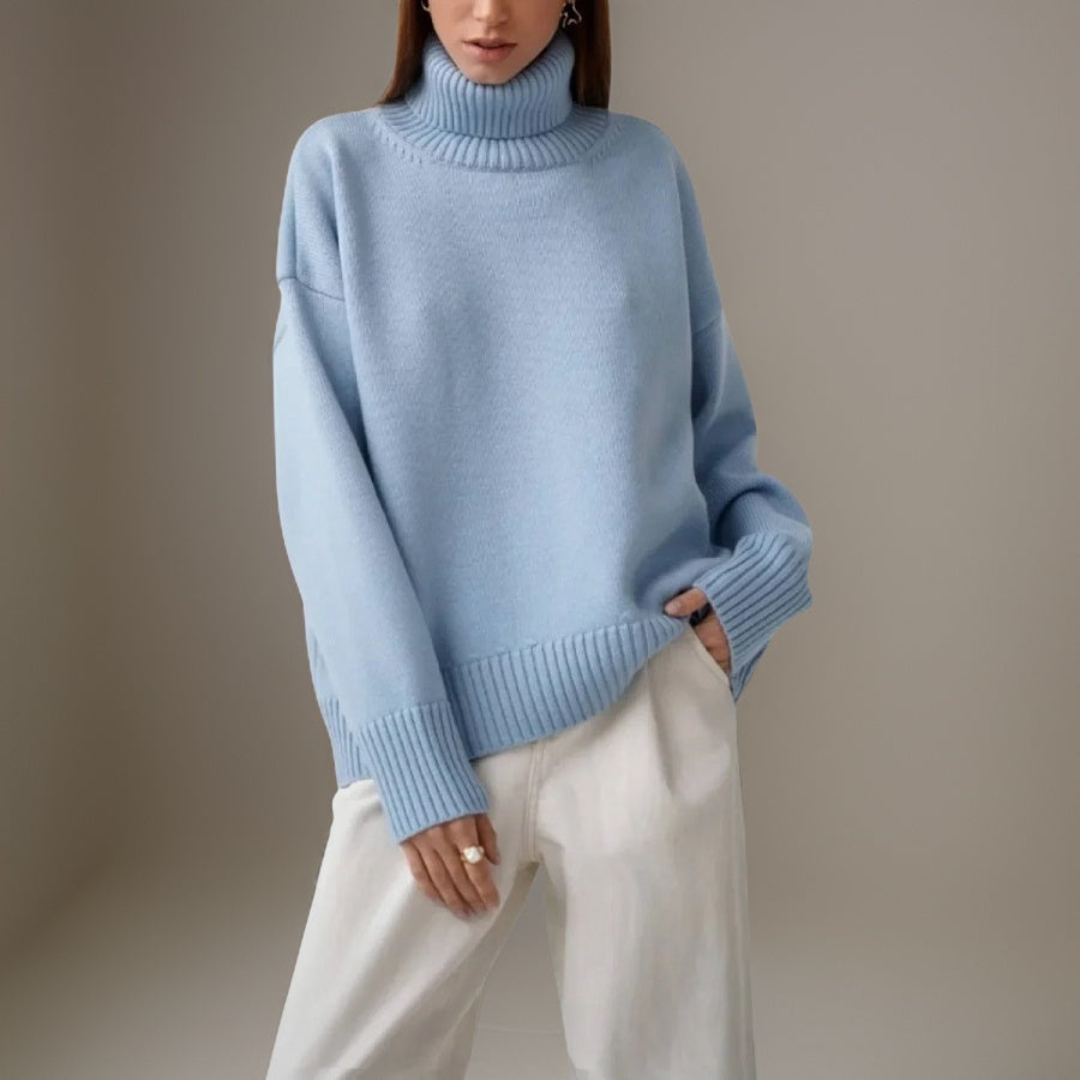 "Pull col roulé femme élégant pour hiver, design moderne, manches longues, tissu doux et respirant, look tendance."