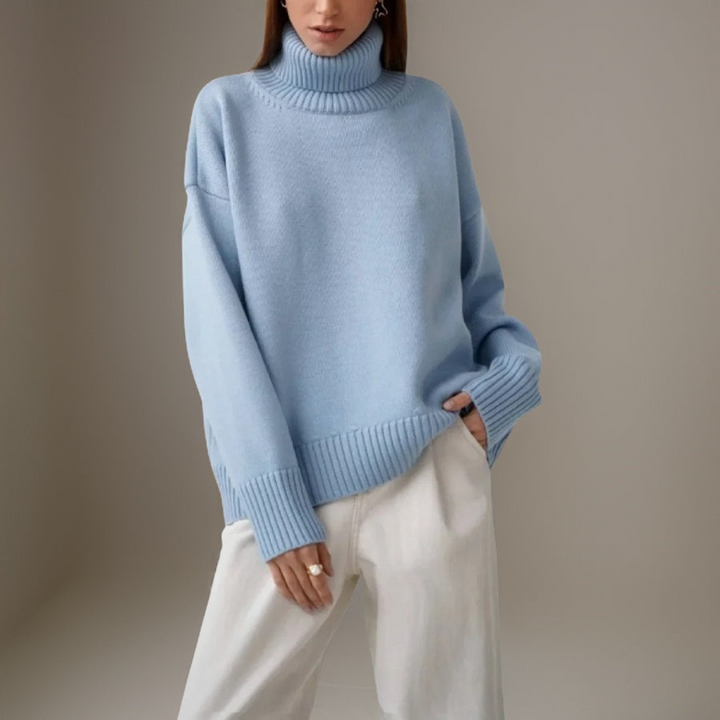 "Pull col roulé femme élégant pour hiver, design moderne, manches longues, tissu doux et respirant, look tendance."