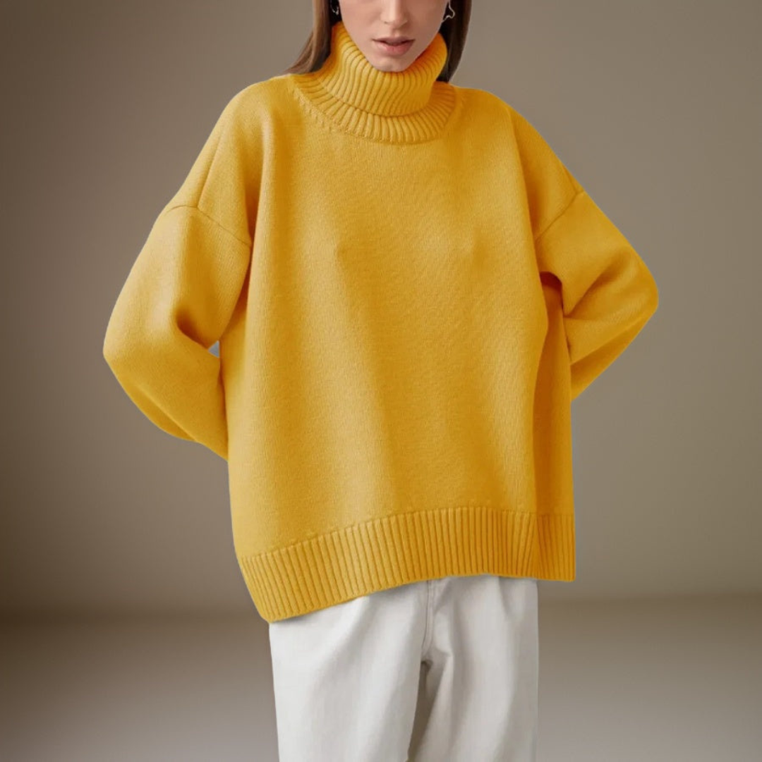 "Pull col roulé femme élégant pour hiver, design moderne, manches longues, tissu doux et respirant, look tendance."