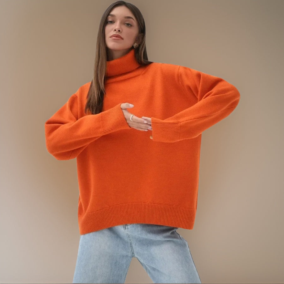 "Pull col roulé femme élégant pour hiver, design moderne, manches longues, tissu doux et respirant, look tendance."