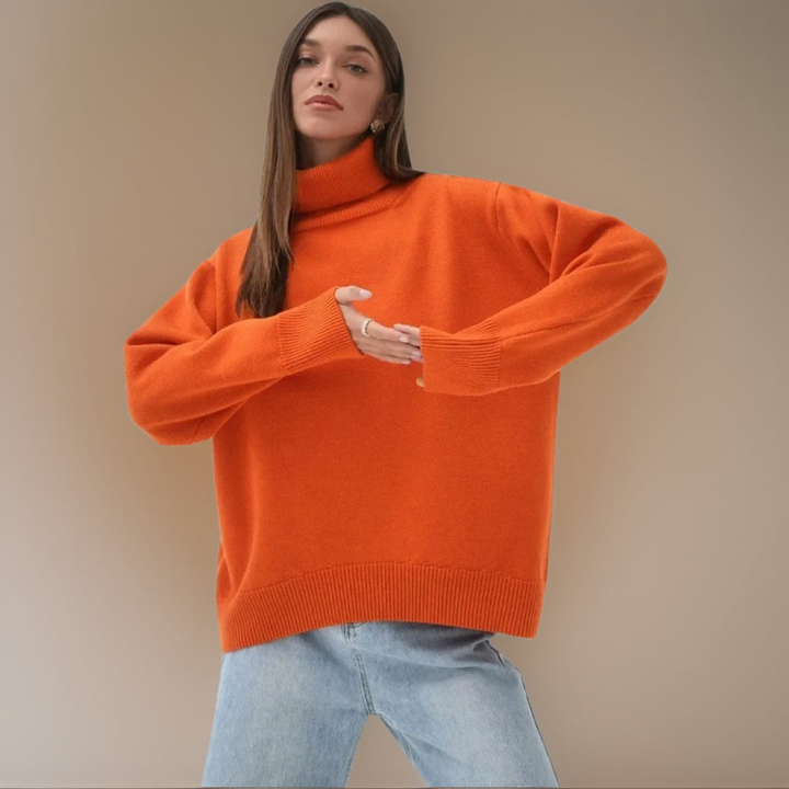 "Pull col roulé femme élégant pour hiver, design moderne, manches longues, tissu doux et respirant, look tendance."